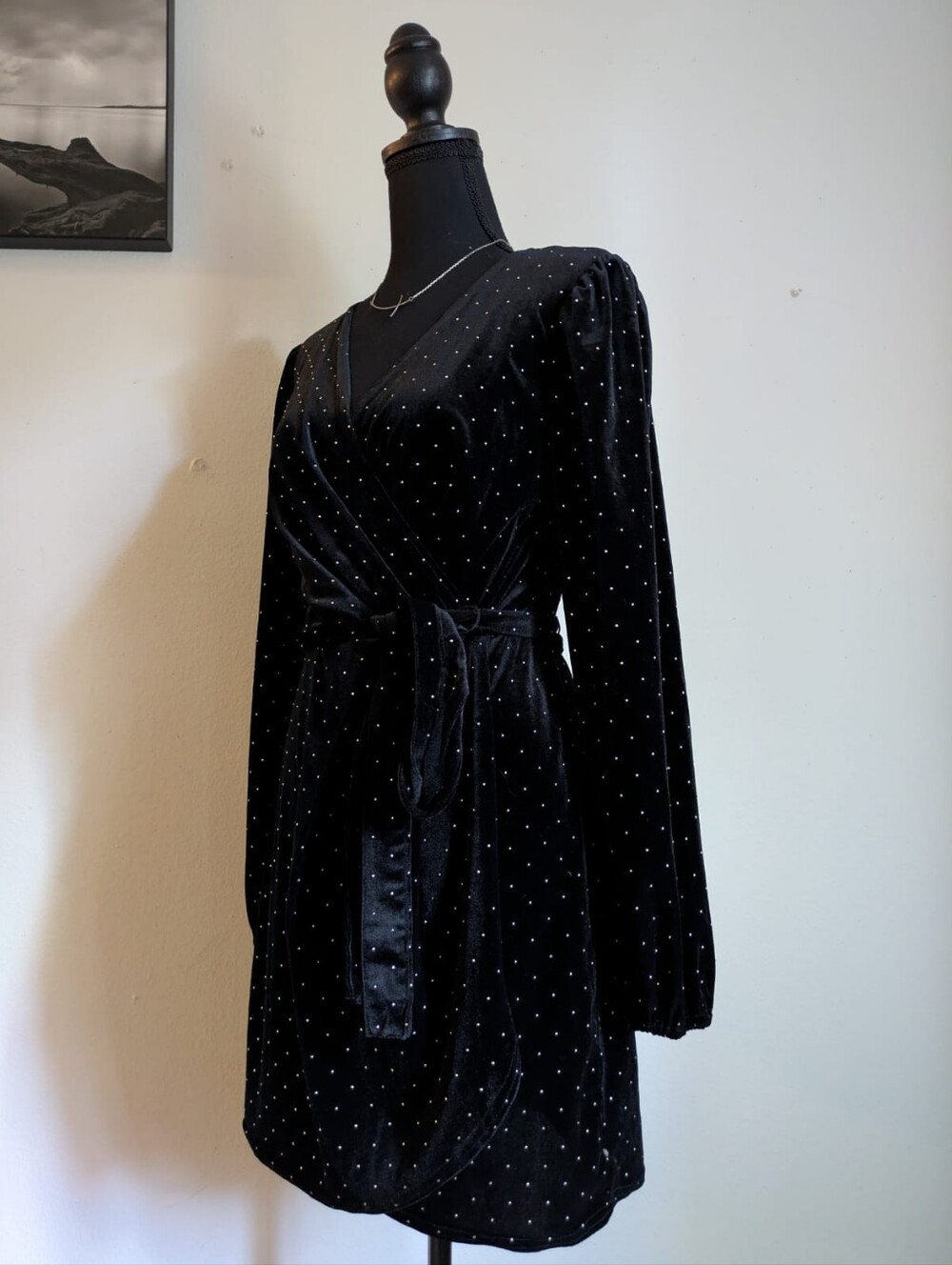 Nine West Black Velvet Polka Dot Faux Wrap Mini Dress - Size S - Picture 6 of 6